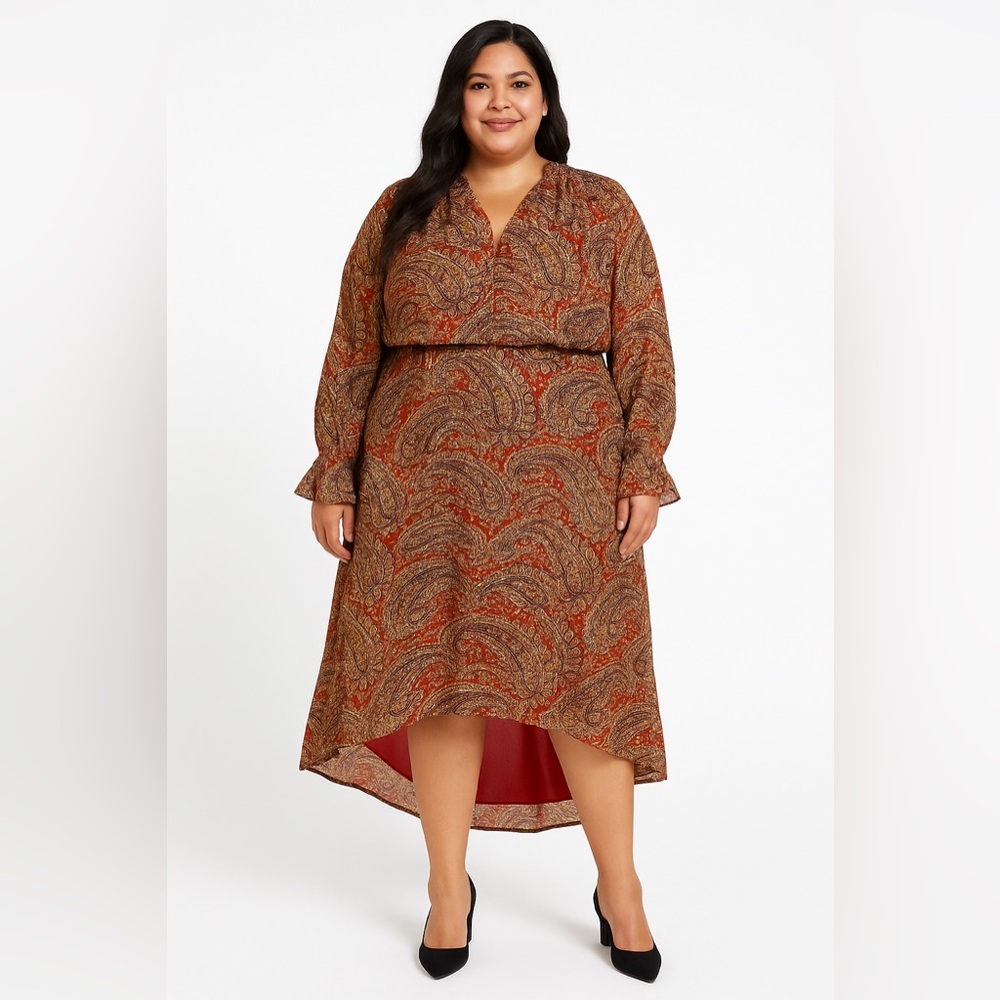 eShakti Paisley Maxi‎ Dress A-Line 4X High Low Boho Romantic Modest India Made